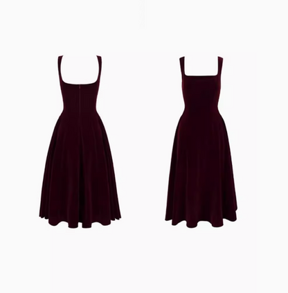 Französisches Retro-Burgunderrotes A-Linien-Samtkleid mit quadratischem Ausschnitt für Geburtstag und Abschlussfeier ED01193