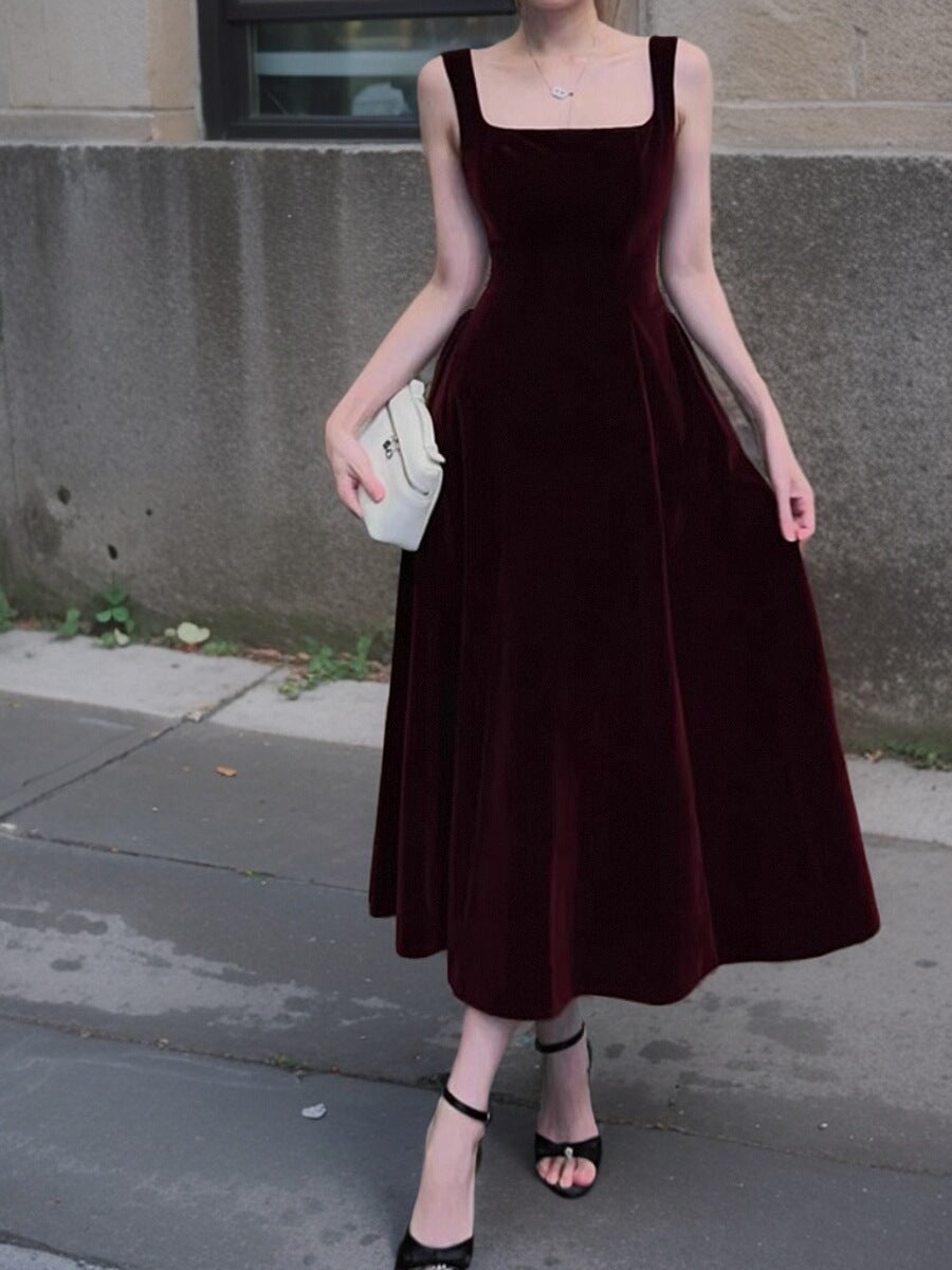 French retro square neck velvet dress ED01193