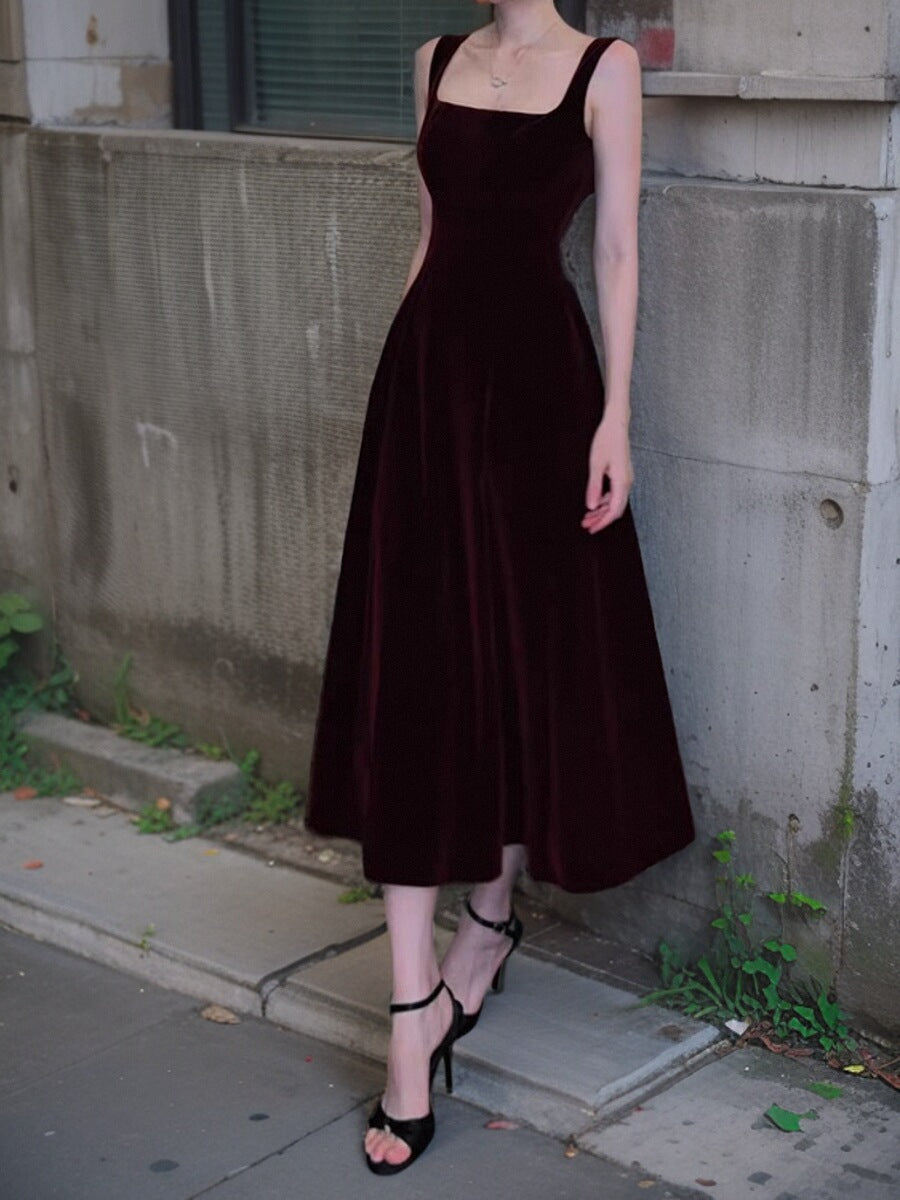French retro square neck velvet dress ED01193