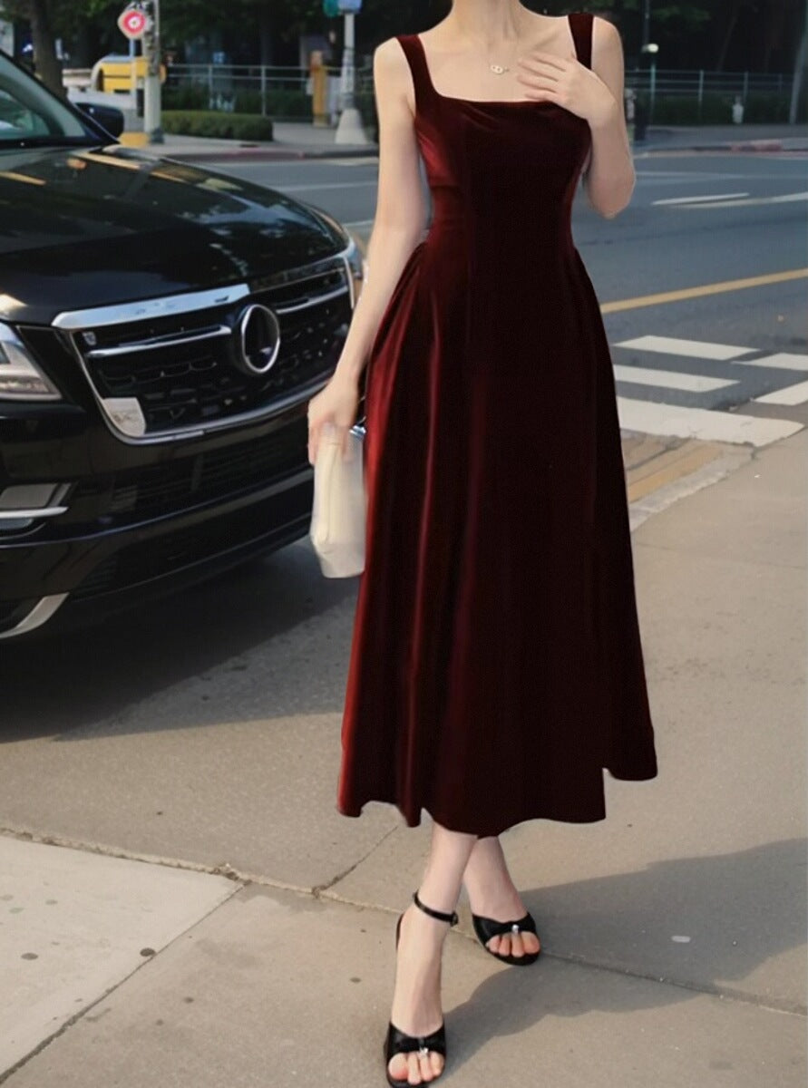 French retro square neck velvet dress ED01193