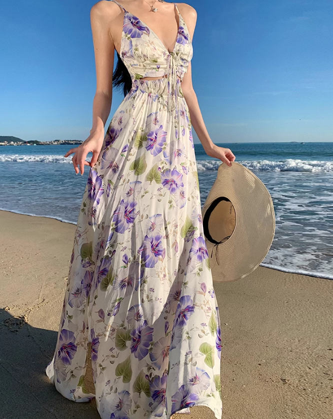 Lila bedrucktes Vintage-Hosenträgerkleid mit V-Ausschnitt ED01195