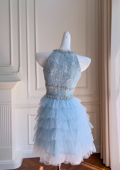 Blue A-line beaded  tulle short prom dress, blue homecoming dress ED01199