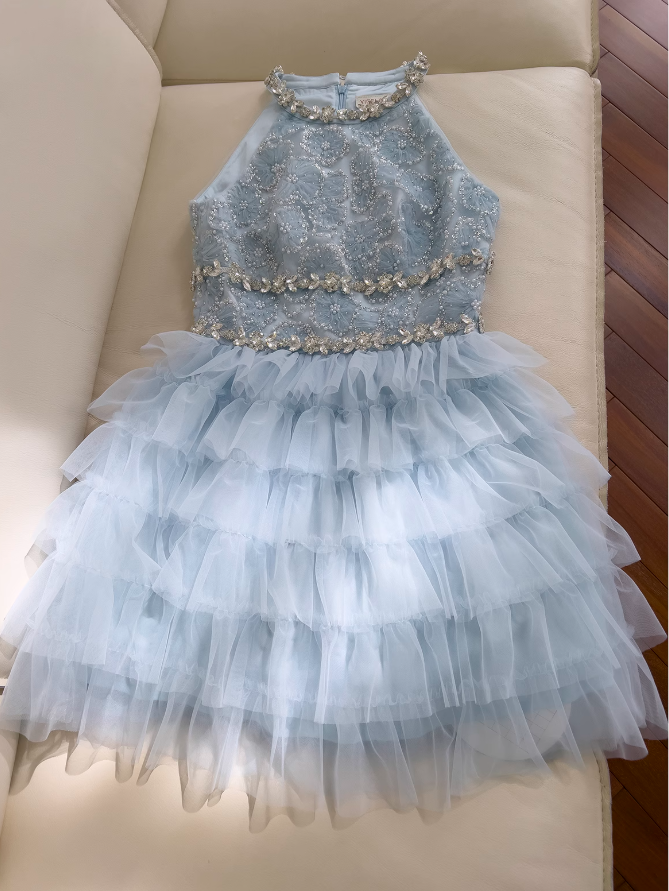 Blue A-line beaded  tulle short prom dress, blue homecoming dress ED01199