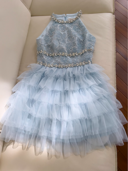 Blue A-line beaded  tulle short prom dress, blue homecoming dress ED01199