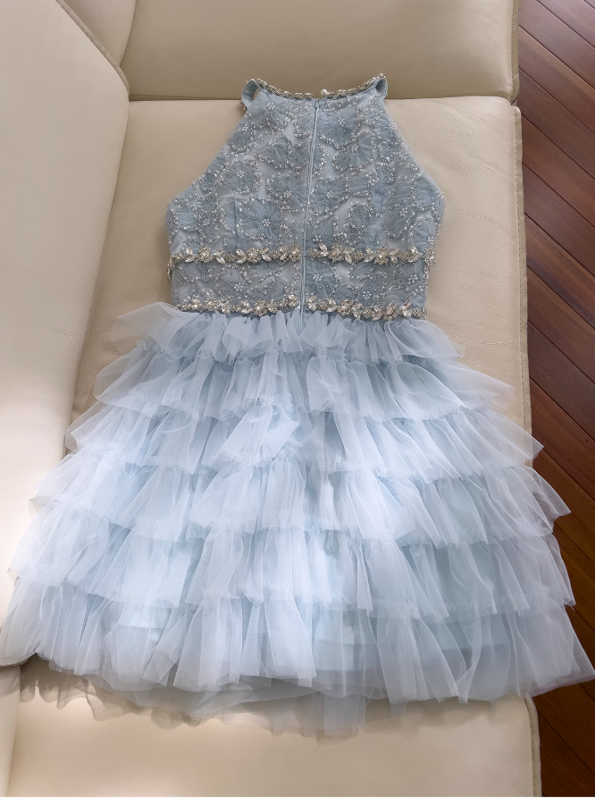 Blue A-line beaded  tulle short prom dress, blue homecoming dress ED01199