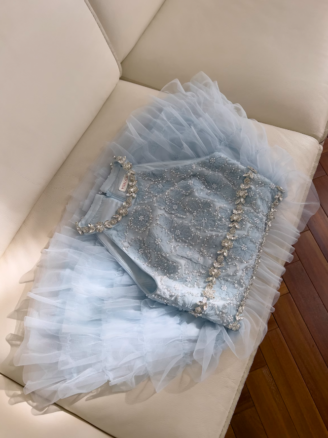 Blue A-line beaded  tulle short prom dress, blue homecoming dress ED01199