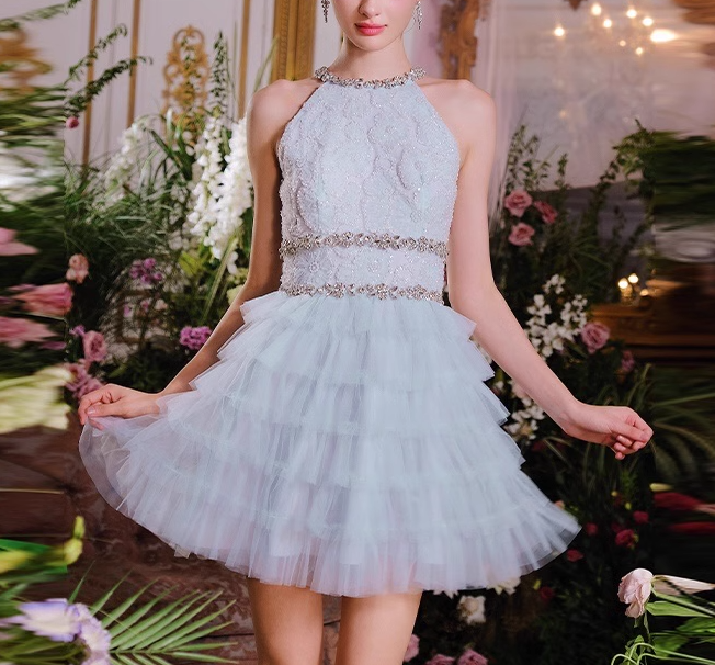 Blue A-line beaded  tulle short prom dress, blue homecoming dress ED01199