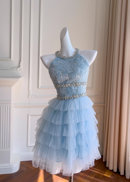 Blue A-line beaded  tulle short prom dress, blue homecoming dress ED01199