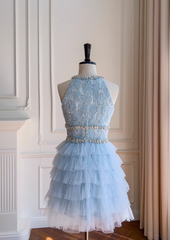 Blue A-line beaded  tulle short prom dress, blue homecoming dress ED01199