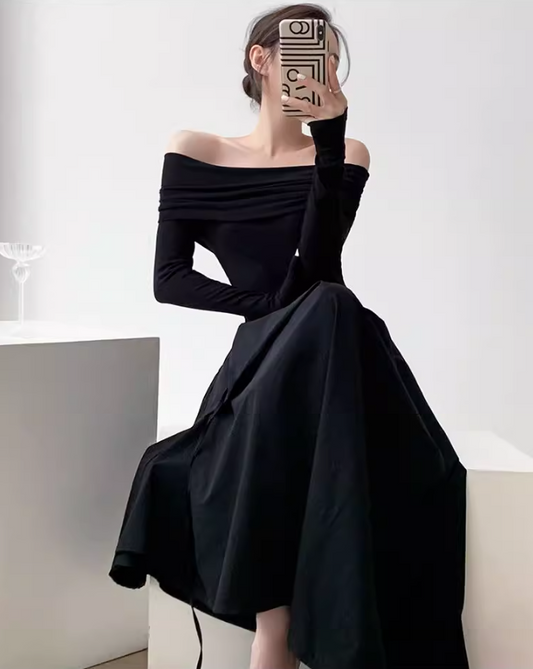High-End-Nischendesign, einschultriges, tailliertes, schwarz-weißes, schlankes, langes Kleid im französischen Hepburn-Stil für Frauen ED0119