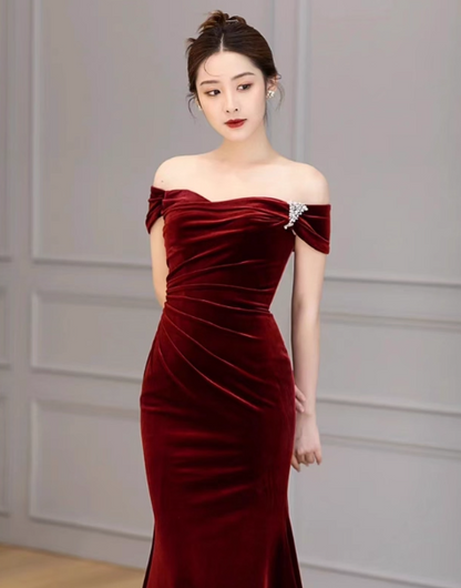 Meerjungfrau Samt Burgunder Langes Ballkleid, Burgunder Langes Abendkleid ED012