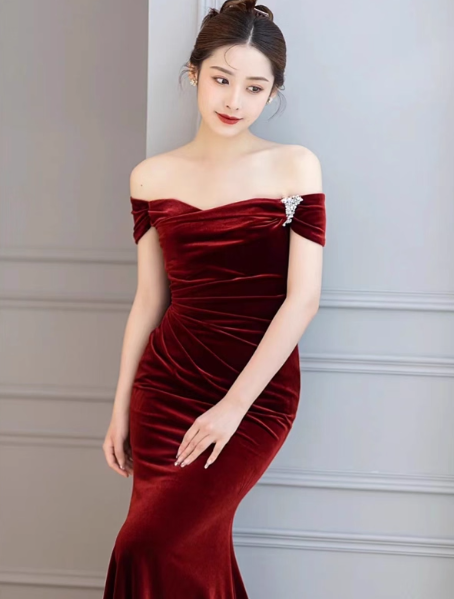 Meerjungfrau Samt Burgunder Langes Ballkleid, Burgunder Langes Abendkleid ED012