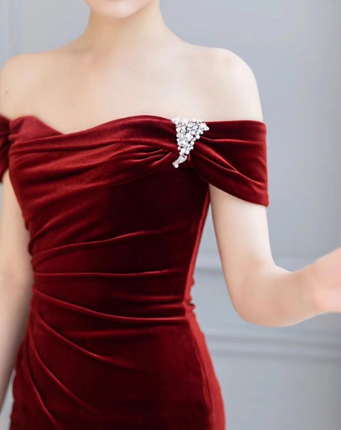 Meerjungfrau Samt Burgunder Langes Ballkleid, Burgunder Langes Abendkleid ED012