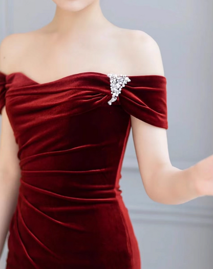 Meerjungfrau Samt Burgunder Langes Ballkleid, Burgunder Langes Abendkleid ED012