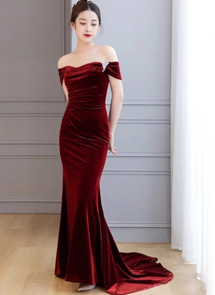Meerjungfrau Samt Burgunder Langes Ballkleid, Burgunder Langes Abendkleid ED012