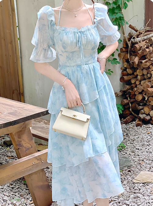 New style ruffle waist slim irregular gentle style blue floral chiffon dress for women ED0120