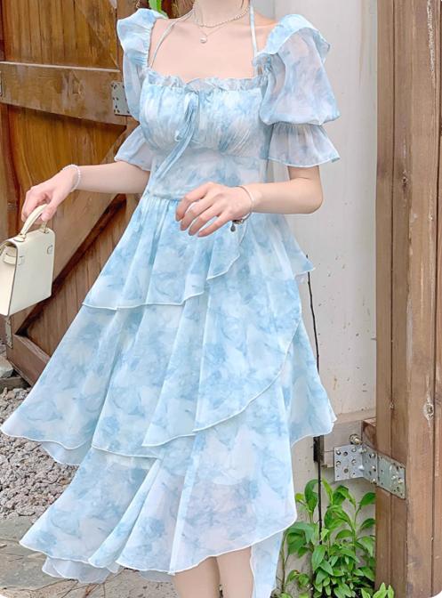 New style ruffle waist slim irregular gentle style blue floral chiffon dress for women ED0120