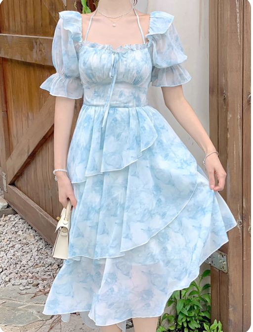 New style ruffle waist slim irregular gentle style blue floral chiffon dress for women ED0120