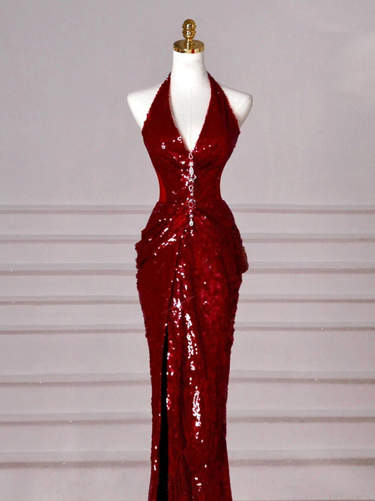 Burgundy Mermaid  V-neck Sequins Long Prom Dress,Formal Prom Dress ED01203