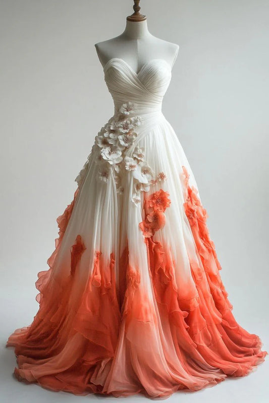 Aesthetic A-Line Sweetheart Orange Ombre Chiffon Long Prom Dresses,Formal Party Dress ED01204