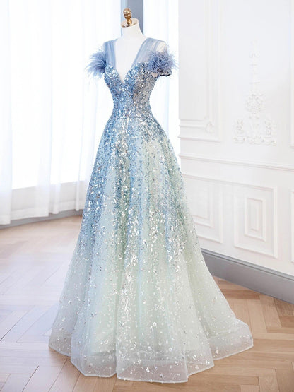 Robe de bal longue en tulle bleu à paillettes et col en V, coupe trapèze, robe de soirée bleue ED01206