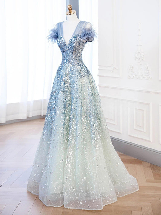 Robe de bal longue en tulle bleu à paillettes et col en V, coupe trapèze, robe de soirée bleue ED01206