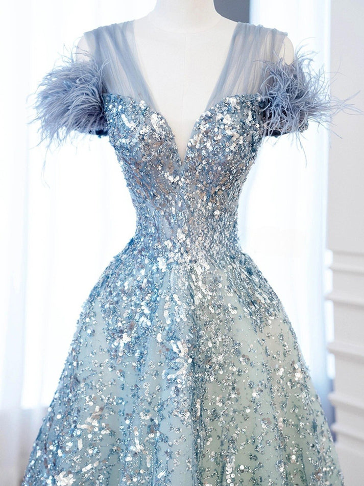 Shiny Blue Tulle A Line Long Prom Dress V Neck Formal Dress Fluffy Evening Dress with Belt