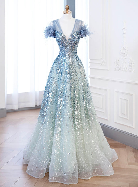 Robe de bal longue en tulle bleu à paillettes et col en V, coupe trapèze, robe de soirée bleue ED01206