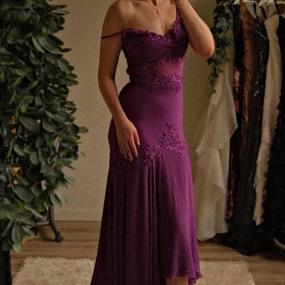 Spaghetti Strap Purple Chiffon Beaded Bodycon Dress Zipper Party Dress Prom Dress