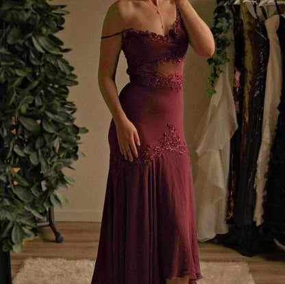 Spaghetti Strap Rust Red Chiffon Beaded Bodycon Dress Zipper Party Dress Prom Dress