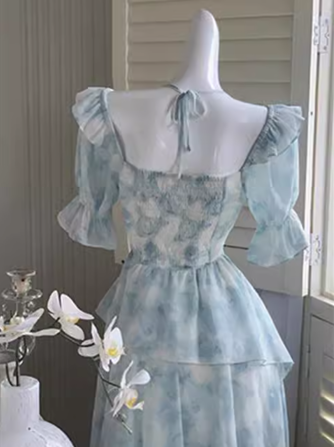 Neue stil rüschen taille schlank unregelmäßigen sanfte stil blau floral chiffon-kleid für frauen ED0120