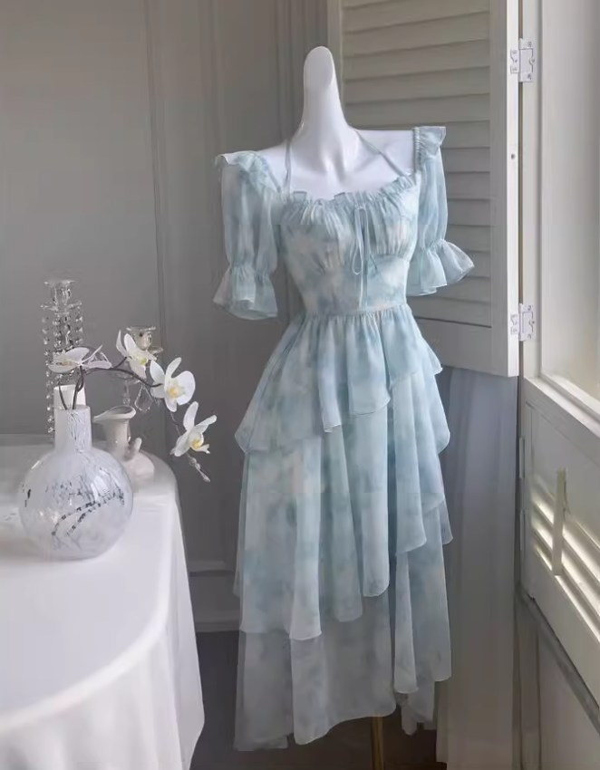 Neue stil rüschen taille schlank unregelmäßigen sanfte stil blau floral chiffon-kleid für frauen ED0120