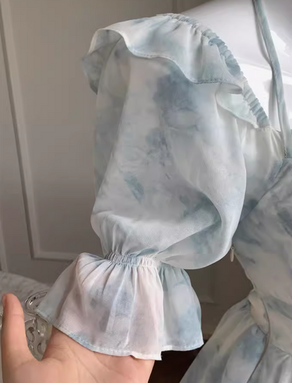 Neue stil rüschen taille schlank unregelmäßigen sanfte stil blau floral chiffon-kleid für frauen ED0120