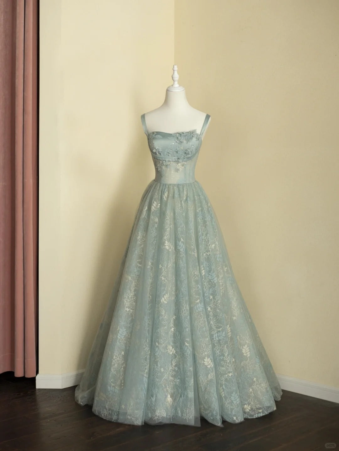 Chic Spaghetti Straps A-line Embroidery Satin Tulle Long Prom Dresses,   EvaFashionDress