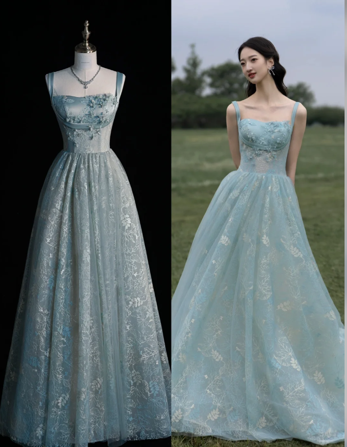Chic Spaghetti Straps A-line Embroidery Satin Tulle Long Prom Dresses,Sweet 16 Dress With Appliqué ED01211