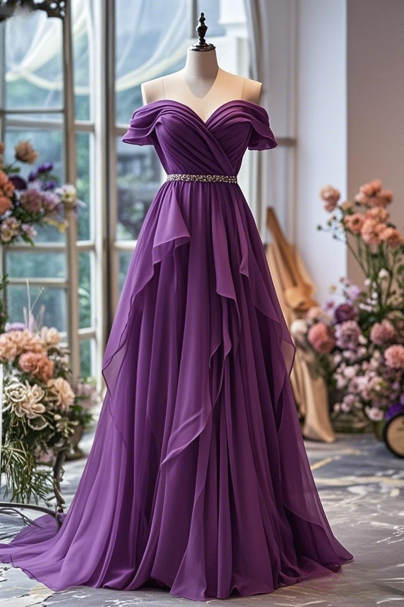 Yellow/Purple A-line Off-shoulder Chiffon Long Prom Dress Formal Evening Gown
