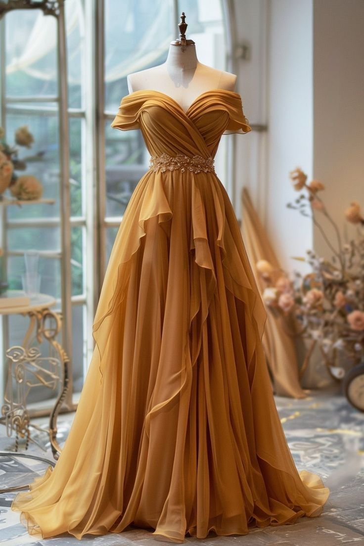 Yellow/Purple A-line Off-shoulder Chiffon Long Prom Dress Formal Evening Gown