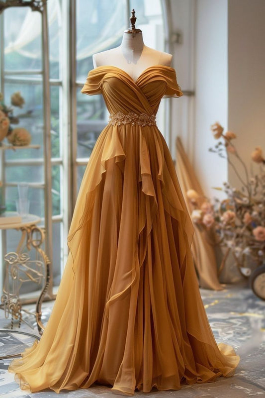 Yellow/Purple A-line Off-shoulder Chiffon Long Prom Dress Formal Evening Gown