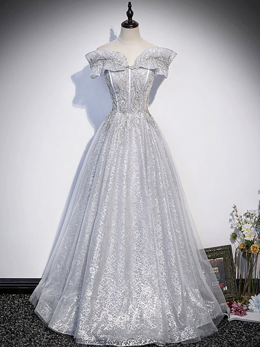 Gray A-line Off-Shoulder Tulle Sequins Long Prom  Dress,Formal Evening Dress ED01219