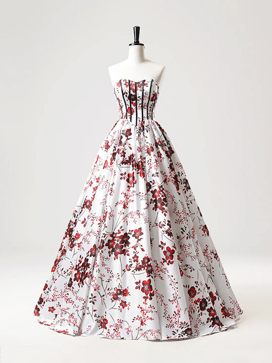 Robe de bal longue en satin blanc à fleurs, coupe trapèze, sans bretelles, décolleté en cœur, robe de soirée formelle ED01221