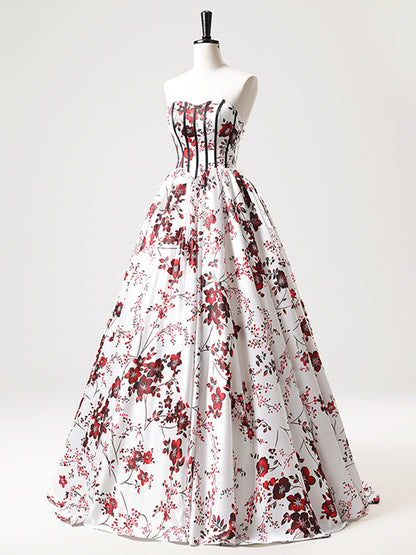Robe de bal longue en satin blanc à fleurs, coupe trapèze, sans bretelles, décolleté en cœur, robe de soirée formelle ED01221