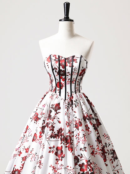 Robe de bal longue en satin blanc à fleurs, coupe trapèze, sans bretelles, décolleté en cœur, robe de soirée formelle ED01221