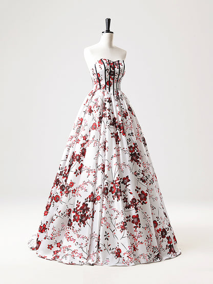 Robe de bal longue en satin blanc à fleurs, coupe trapèze, sans bretelles, décolleté en cœur, robe de soirée formelle ED01221