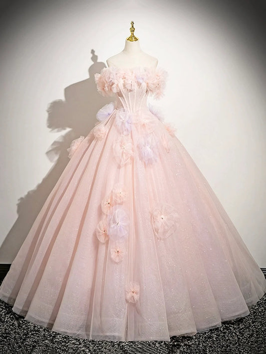 Robe de bal longue rose en tulle, coupe trapèze, épaules dénudées, ravissante robe de soirée pour les 16 ans de Sweet 16 ED01222