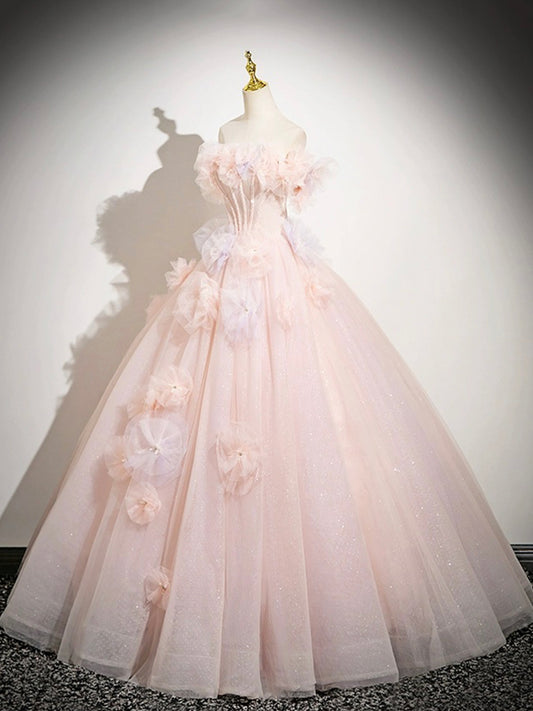 Robe de bal longue rose en tulle, coupe trapèze, épaules dénudées, ravissante robe de soirée pour les 16 ans de Sweet 16 ED01222