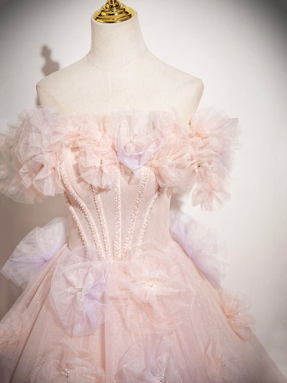 Robe de bal longue rose en tulle, coupe trapèze, épaules dénudées, ravissante robe de soirée pour les 16 ans de Sweet 16 ED01222