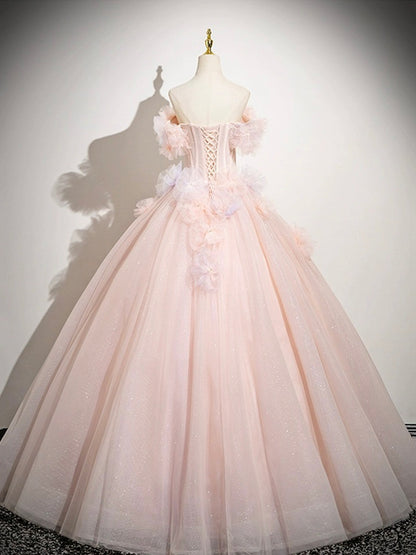 Robe de bal longue rose en tulle, coupe trapèze, épaules dénudées, ravissante robe de soirée pour les 16 ans de Sweet 16 ED01222
