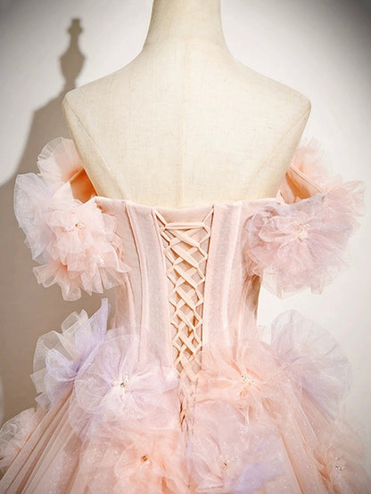 Robe de bal longue rose en tulle, coupe trapèze, épaules dénudées, ravissante robe de soirée pour les 16 ans de Sweet 16 ED01222