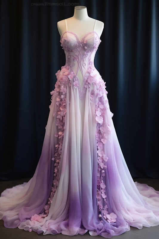 Gradient Purple A-line Spaghetti Strap Chiffon Long Prom Dress, Vintage Formal Dress  ED01223