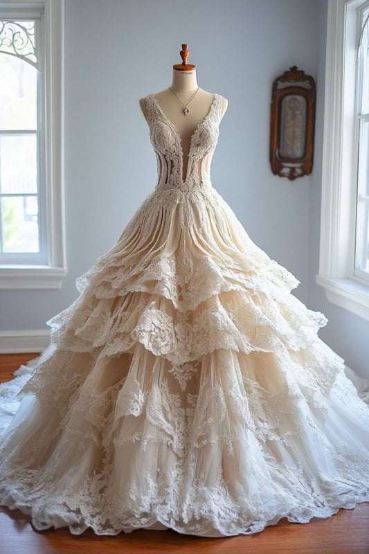Off-white A-line V-neck Tulle Lace Long Prom Dress, Vintage Wedding Dress  ED01224